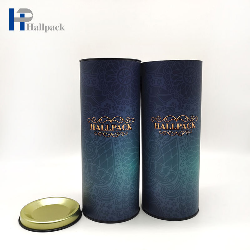 Embalagem de tubo redondo com tampa de metal para recipiente de cilindro de papelão de produto comestível Hallpack
