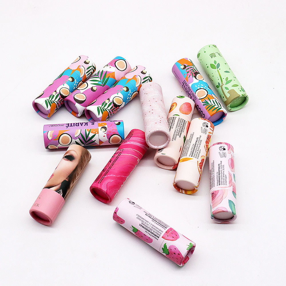 Tubo de bálsamo labial personalizado em papel ecológico, formato redondo, cilindro push up, barra de loção elegante, torção para cima, embalagem de tubos de papel