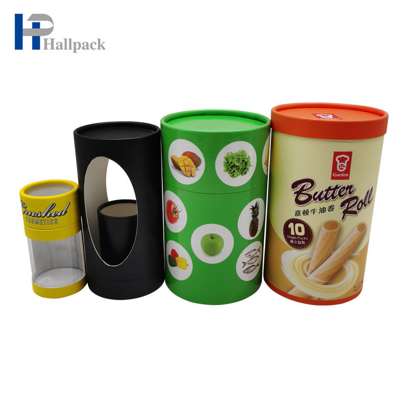 Caixa feita sob encomenda amigável do cilindro do cartão do produto comestível de Eco com o tubo do papel da janela do PVC que empacota para porcas do chocolate do biscoito da bebida