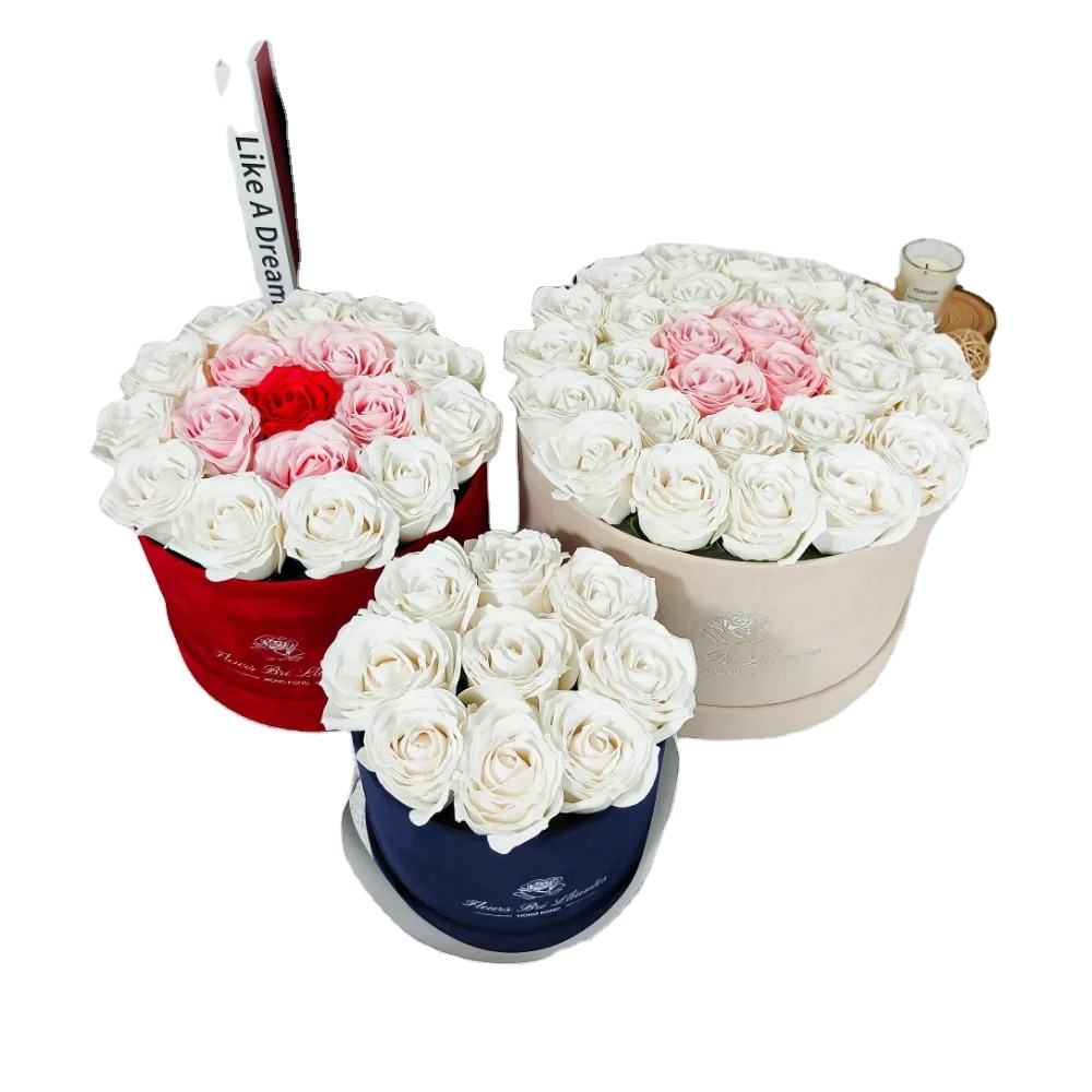 Personalize o conjunto preservado camurça rosa caixas de embalagem papelão para flor biodegradável rígida forma redonda papel flor caixa de presente