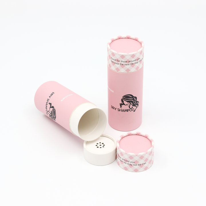 Caixa de tubo redondo cosmético personalizado de alta qualidade pacote de papelão embalado com peneira agitador para shampoo seco em pó solto