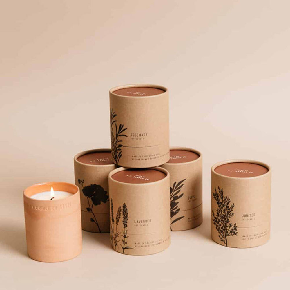 Tubo de caixa de vidro de vela de luxo feito à mão de cera de soja de papel Kraft personalizado que empacota para presente