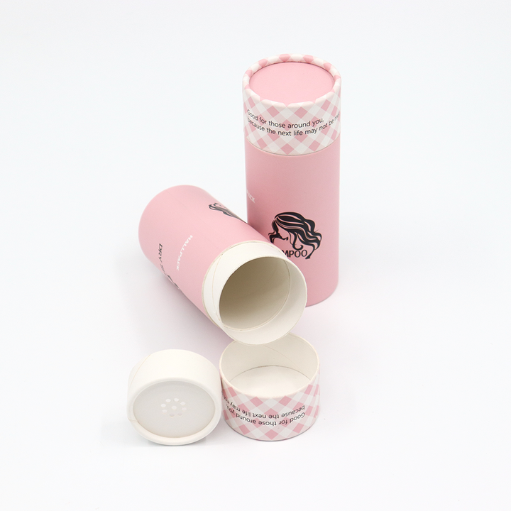 Caixa de tubo redondo cosmético personalizado de alta qualidade pacote de papelão embalado com peneira agitador para shampoo seco em pó solto