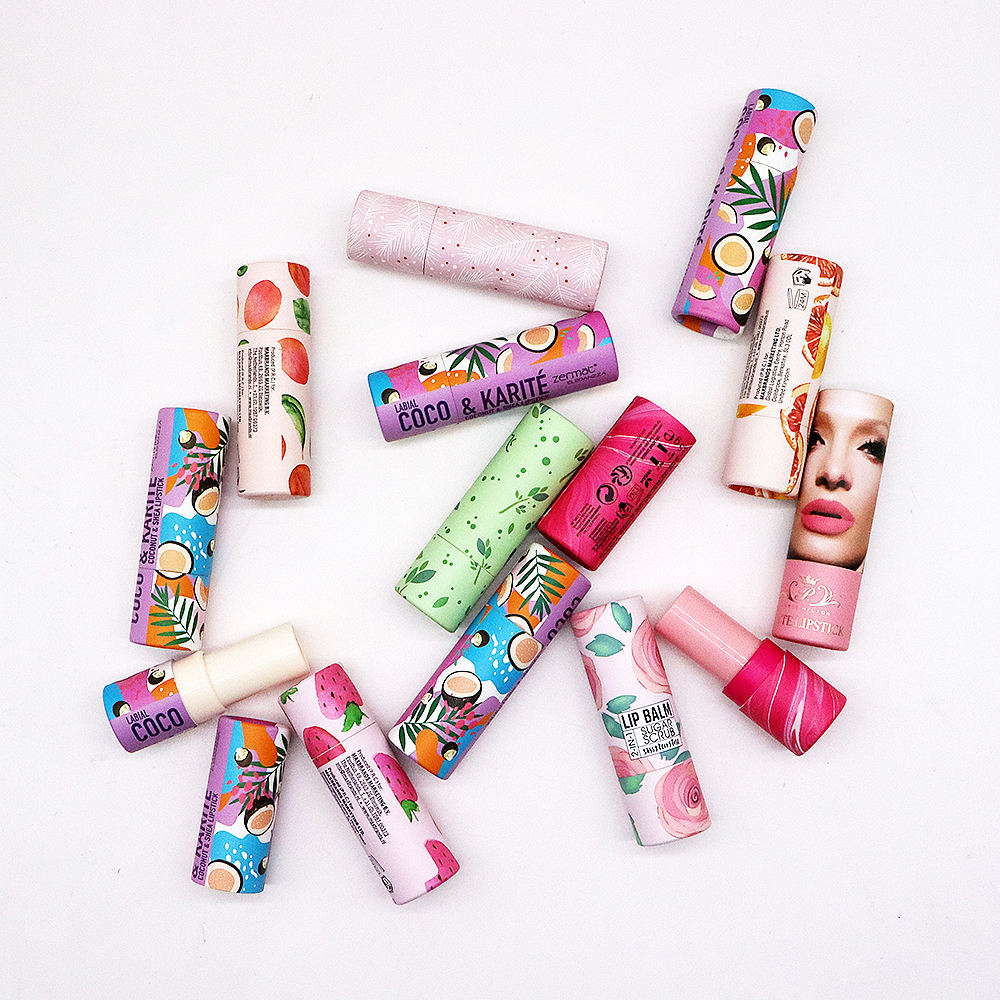 Tubo redondo personalizado ecológico para bálsamo labial, embalagem cilíndrica elegante para cosméticos, tubos de papel de barra de loção torcida