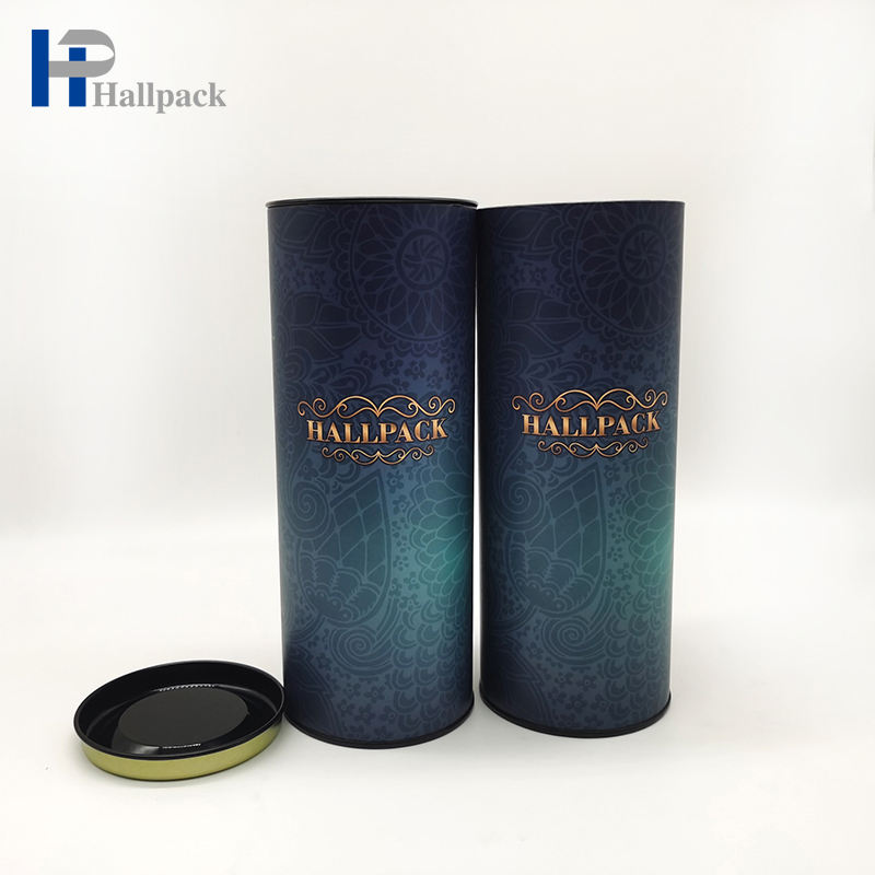 Embalagem de tubo redondo com tampa de metal para recipiente de cilindro de papelão de produto comestível Hallpack