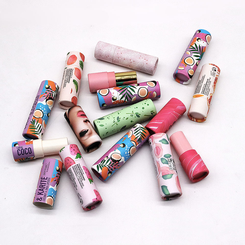 Tubo de bálsamo labial personalizado em papel ecológico, formato redondo, cilindro push up, barra de loção elegante, torção para cima, embalagem de tubos de papel