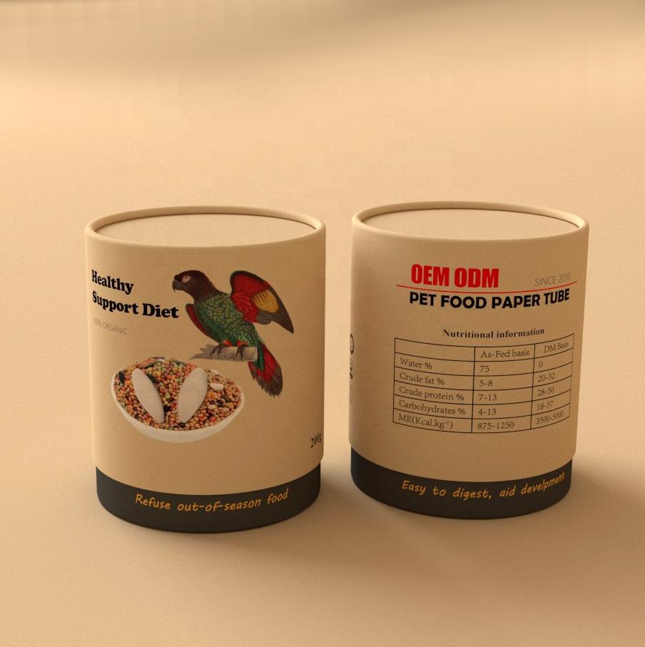 Caixa de tubo redondo de embalagem de papel Kraft reciclável para núcleo de tubo de papel de impressão dourada de produto comestível para animais de estimação