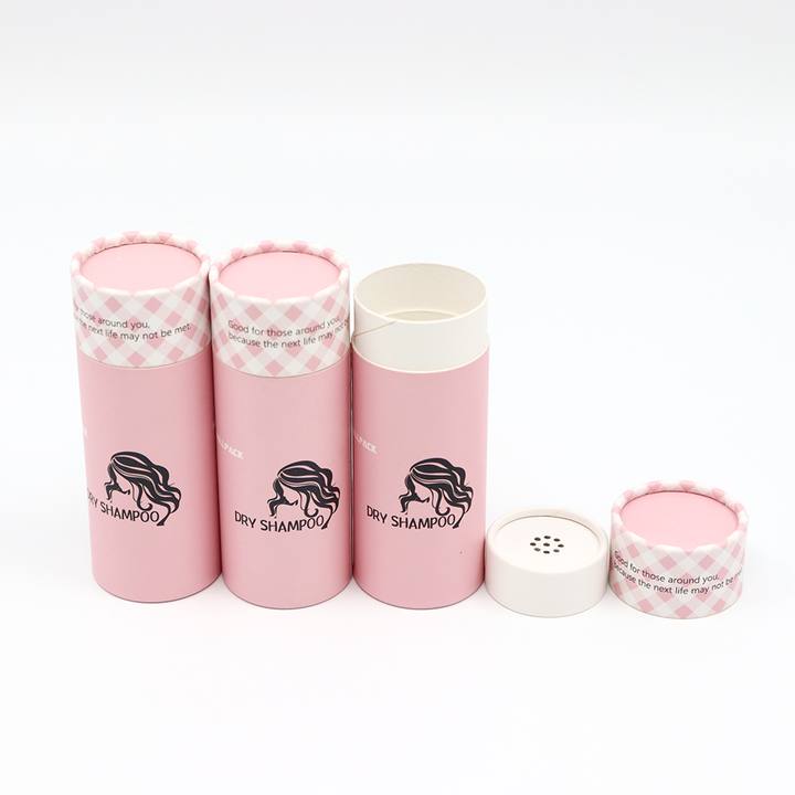 Caixa de tubo redondo cosmético personalizado de alta qualidade pacote de papelão embalado com peneira agitador para shampoo seco em pó solto