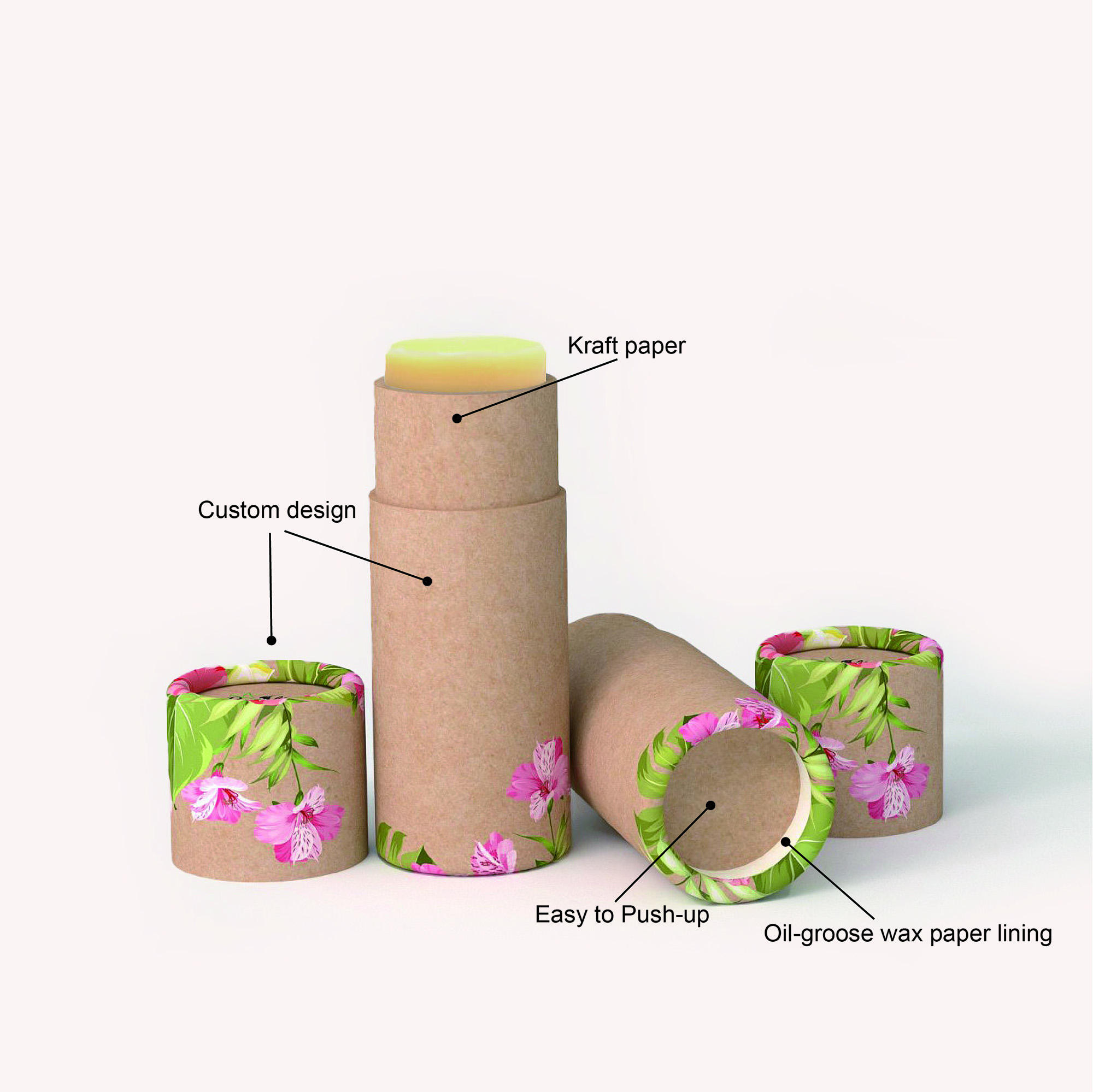 Design da marca embalagem biodegradável papelão push up desodorante vara recipientes branco preto marrom kraft tubo de papel bálsamo labial