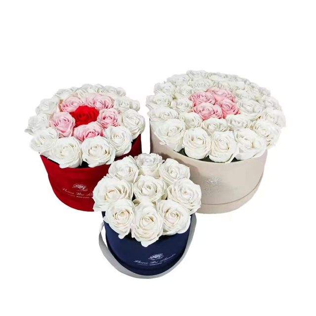 Conjunto de caixas de rosa de camurça preservada, papelão de embalagem para flores, papel redondo rígido biodegradável personalizado